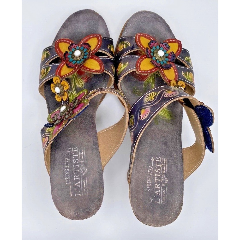 L'Artiste Spring Step HAVERB-NM Boho Floral Leather Block Heel Sandals Sz 10/41 - Picture 3 of 10